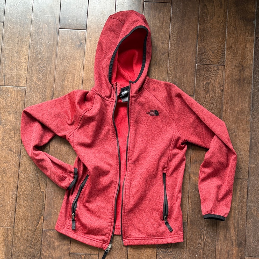 The North Face Red Hooded Zip Fleece with Black Accents boys size 10-12